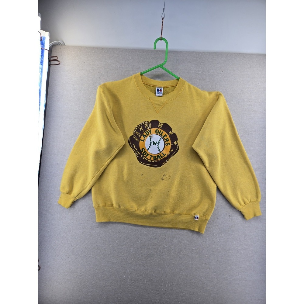 Vtg Russell Sweatshirt Adult Large Yellow Fleece Lady Oilers Softball Vrabel